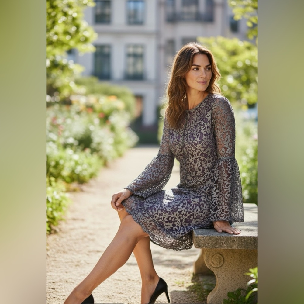 White House Black Market Lace Dress Bell Sleeves, knee length, Size 4